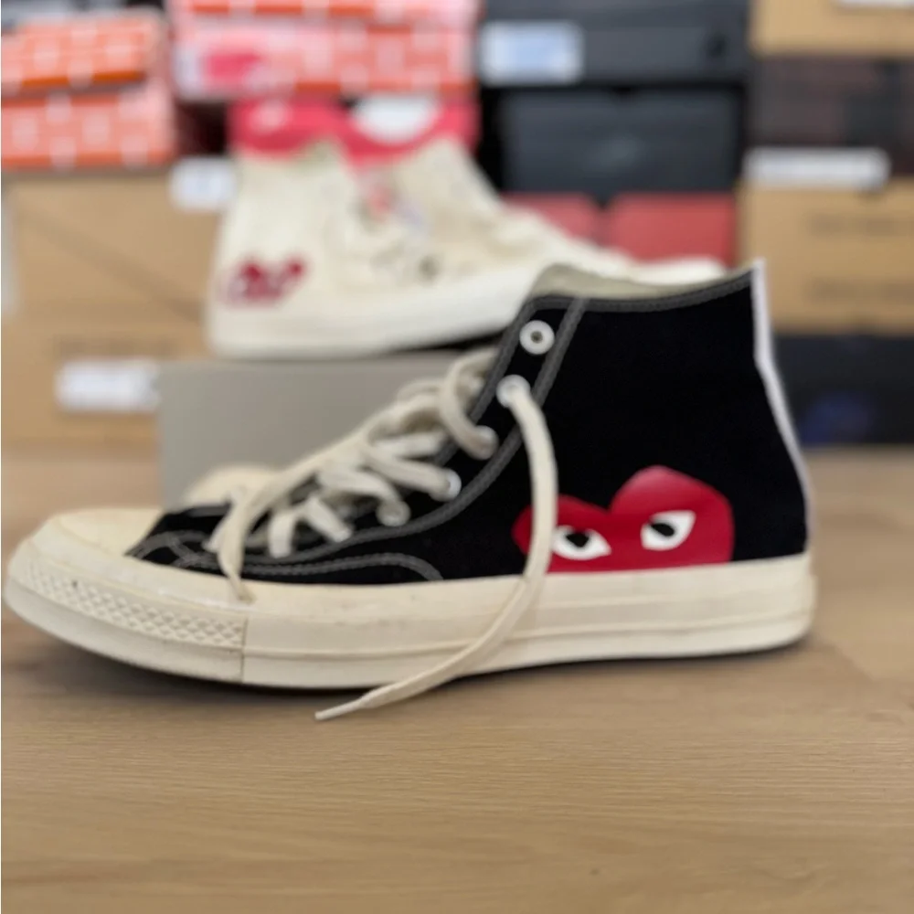 Converse COMME DES GARCONS High Top Sneakers in Black and Cream - Picture 2 of 3